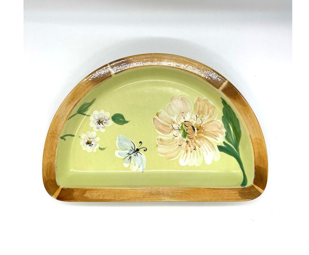 Arte Italica Half Circle Dish Green Yellow w/ Flowers & Butterfly Made in Italy